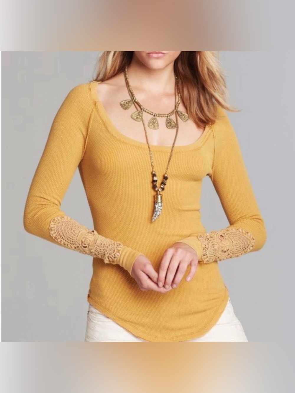 We The Free Mustard Scoop Neck Long-Sleeve Top with Lace Sleeves